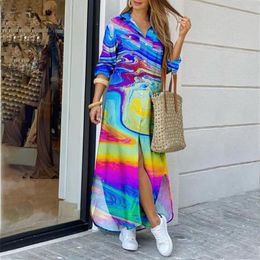 Casual Dresses Single Breasted Button Irregular Boho Maxi Sexy Turn-Down Collar Fashion Women Printed Shirt Dress Vestido