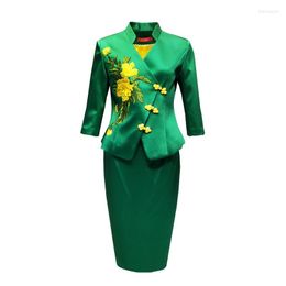 Two Piece Dress Office Lady Women High End Flower Embroidery Green Skirt Suits 2 Pieces Blazers Elegant Customized Clothing