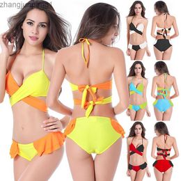 Designer Fashion Multi Rope Colour Matching Bandage Bikini Hot Spring Big Chest Gathered Swimsuit Bikini Swimsuit T Shirt Tops