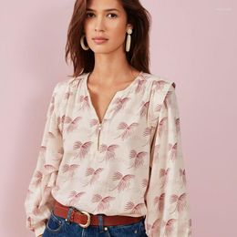 Women's Blouses 2023 Spring Printed Zipper Round Neck Right Angle Shoulder Fold Floral Cotton Ladies Loose Shirt