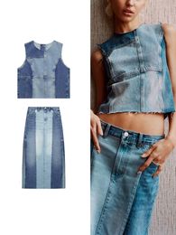 Two Piece Dress TRAF Summer Women Denim Patchwork Vest Top Skirt Sets 2023 Casual Sleeveless Round Collar Tops Straight ALine MidCalf 230506