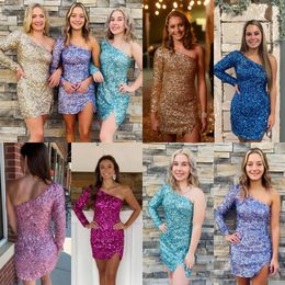 Short Cocktail Hoco Dress 2k23 Lavender Gold Blue Pink Green Sequin Lady Formal Party Gown One-Shoulder Club Night Out Graduation Homecoming Gala NYE Long Sleeve Slit