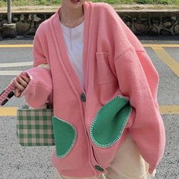 Women's Knits Korean Fashion Harajuku Streetwear Girl Kawaii Baggy Pink Cardigan Sweater Top Women Vintage Sweet Loose Knitted Woman