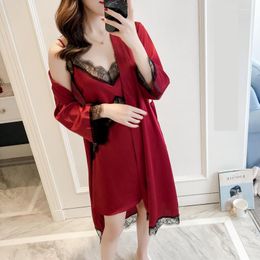 Women's Sleepwear 2023 Summer Satin Robe Set Long Sleeve Lace Trim Nightgown Sexy Female Rayon Home Dress Sleep Suit Nightwear