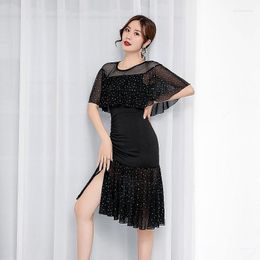 Stage Wear Women Latin Dance Dress Salsa Tango Ballroom Sequins Ruffle Rumba Practise Dancewear Cha Performance Outfits