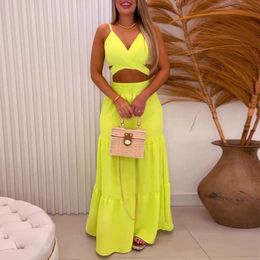 Two Piece Dress Women Summer Matching Sets Solid Colour Skirt Set Sexy Sleeveless Short Strap Tops High Waist Maxi Skirt Two Piece Suits J230506