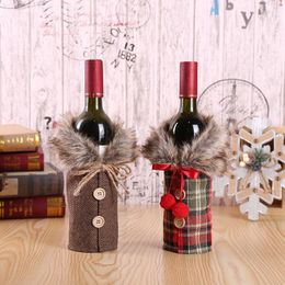 Christmas Decorations 2023 Wine Bottle Cover For Home Props Bow Burlap Fur Collar Holiday Decoration Cloth Decor