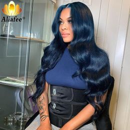 Transparent Night Blue Body Wave Pre-Plucked Human Hair Wigs 180% Remy Lace Frontal Wig With Baby For Women