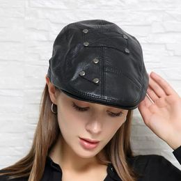 Berets 2023 Man Brand Genuine Leather Beret Hats Male Fashion Forward Caps Duckbill Adjustale Casquette Boina Trucker Cap Black Rivet