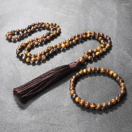 Pendant Necklaces 6mm Tiger Eye Stone Necklace & Bracelet Trendy 108 Japamala Beads Charm Tassel Handmade Knotted Prayer Yoga Jewellery