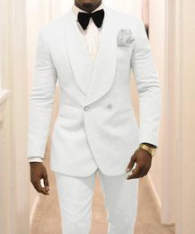 Men's Suits Blazers Custom Made Groomsmen White Pattern Groom Tuxedos Shawl Lapel Men Suits 2 Pieces Wedding Man JacketPantsTie C922 230506