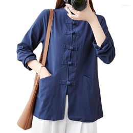 Women's Blouses Spring And Autumn 2023 Solid Cotton Linen Shirt Women's Coat Vintage Stand Collar Button Long Sleeve Chinese Style