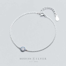 Charm Bracelets Modian Round Eyes Chain Bracelet % Real 925 Sterling Silver Blue Crystal Link Bracelets for Women Fashion Accessory for Girl AA230506