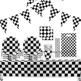 Gift Wrap Black Party Plates Gingham Tablecloth Chequered Flag Supplies Paper Racing Pennant Banner Eating Utensils Sets