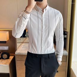 Men's Casual Shirts Black/White Striped Short Sleeve Men Spring High Quality Stretch Slim Business Formal Shirt Mens Clothing