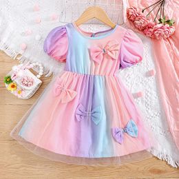 Girl Dresses Girls Colourful Gradient Princess Dress Summer Kids Puff-sleeve Butterfly-knots Lace Party 2-6Y Vestidos Children Clothes