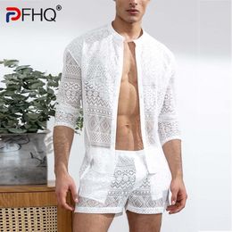 Men's Tracksuits PFHQ Summer Hollow Out Sexy Lace Shorts Shirt Sets Men's Fashion Suit Clothes Trendy Elegant Beach 230506