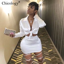 Two Piece Dress Chicology Women Silky Satin 2 Two Piece Set Lace Up Long Sleeve Crop Top Skirt 2022 Autumn Winter Clothes Fashion Sexy Outfits J230506