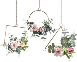 Decorative Flowers Set Of 3 Artificial Floral Hoop Wreaths - Handmade Garland With Pink Clematis And Tea Rose Adorned Green Eucalyptus