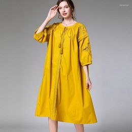 Casual Dresses Spring Plus Size Womens Loose Embroidery Bandage Elegant Dress Long Sleeve O Neck Large Ladies'