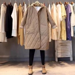 Women's Trench Coats Women Cotton Padded Long Jacket Coat Female Solid Rhombus Lattice Turn Down Collar Button Overcoat In Black Khaki