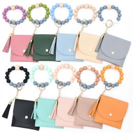 New Bead Bracelet Party Favour Solid Colour Card Bag Key Chain Wallet Leather Tassel Multi Card Slot Change Bag Leather Card Cover DHL Delivery