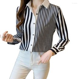 Women's Blouses Women Spring Autumn Female Blouse Single Breasted Turn-down Collar Long-sleeve Stripe Loose Work Casual Chiffon Shirts Tops