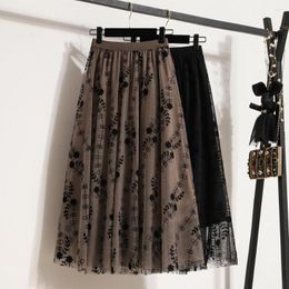 Skirts Black Floral Long Elastic Waist Mesh Stitch Elegant High-Waisted Women'S Spring Autumn Winter Korean Style Fashion 2023