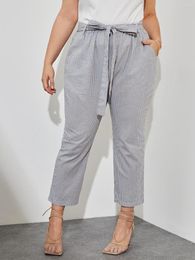 Pants Plus Size Elegant Summer Spring Gingham Print Ankle Length Women Pockets Sides Tie Waist Large Clothing