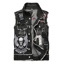 Men's Vests Mens Punk Denim Black Skull Embroidery Waistcoat Slim Fit Fashion Jeans Sleeveless Jacket Male Vest Tops 230506