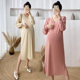 Maternity Dresses 5012# Clothes Spring Autumn Knitted Long Sleeves V Neck Loose Midi Stylish Dress Pregnant Women Mom