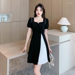 Party Dresses Fashion Women's Dress French Black Patchwork Pleated Design Elegant Female Short Sleeves Square Collar Mid-Calf G824