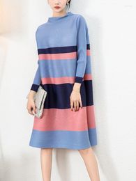 Casual Dresses Miyake Striped Pleated Dress For Women 2023 Autumn Stitching Colour Stand Collar Loose Female Elegant Vestidos