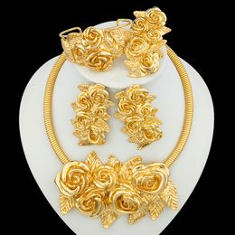 Pendant Necklaces Dubai Gold Plated Jewellery Set Exaggerate Rose and Earrings Large Necklace Weddings Bridal Gifts for Women 230506