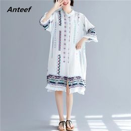 Dresses oversized cotton linen vintage floral dresses for women casual loose midi summer shirt dress elegant clothing 2022