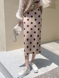 Skirts Winter Knitted Polka Dot For Women Basic High Waist Straight Midi Skirt With Slit Ladies Elegant Slim Pencil Wrap