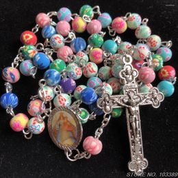 Chains Multicolor 6mm Polymer Clay Bead Catholic Rosary Necklace With Jesus Cross In Antique Coating