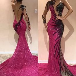 Mermaid Evening Dresses Formal Prom Party Gown One-Shoulder Long Sleeve Floor-Length Sweep Train Applique Sequined long Backless Illusion