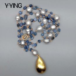 Pendant Necklaces YYING Blue Kyanites Grey Rice freshwater Pearl statement Necklace Teardrop Brushed Gold Plated 21" 230506