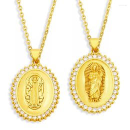 Pendant Necklaces FLOLA Gold Plated Jesus Necklace For Women Copper CZ White Stone Oval Short Religious Jewelry Gifts Nkew43
