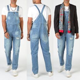 Men's Jeans Mens Overalls Trendy Holes Strap Pants High Waist Denim Jumpsuits Streetwear Men Fashion Cargo Bibs