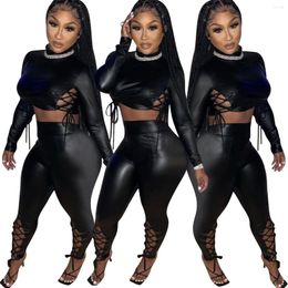 Women's Two Piece Pants Faux Leather Classic Set Street Black Lace Up Side PU Tops And Hem Legging Matching Tracksuits 2023