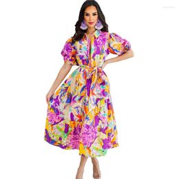 Ethnic Clothing African Dresses For Women Waist Sexy Short Sleeved Long Dress Dashiki Print Loose Lapel Shirt Party Summer Vestidos