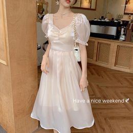 Casual Dresses Short Sleeve Elegant Dress Women Square Collar Chiffon Vingate Vintage Party Korean Style 2023 Summer Fairy