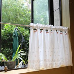 Curtain Cotton Flower Embroidered Cabinet Curtains Pure White Short Pink Cherry Decorative Half Coffee Window