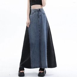 Skirts Vintage Splicing Long Denim Jeans Summer High Waist Pleated Skirt Women Korean Fashion Blue Patchwork Floor-Length
