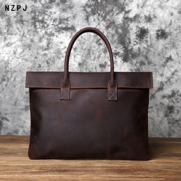 Briefcases NZPJ Retro Men's Briefcase Leather Casual HandbagTop Layer Cowhide Business Tablet Bag Thin Clutch For 16Inch Laptop 230506