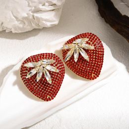 Stud Earrings AENSOA Sweet Full Rhinestone Red Strawberry Big For Women Exaggerated Shiny Fruit Crystal Earring Romantic Gift