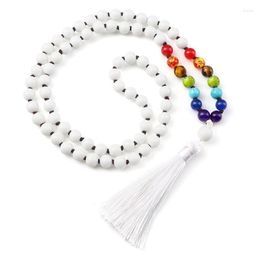 Anhänger Halsketten Weißes Porzellan Perlen Damen Halskette Mala 7 Chakra Meditation Yoga Handgemachte Quaste Für Männer Heilschmuck Geschenke