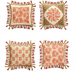 Pillow /Decorative Vintage Paisley Cover Red Coz Throw Cases Dyes Soft Chenille Covers With Tassel For Sofa Home Farmhouse